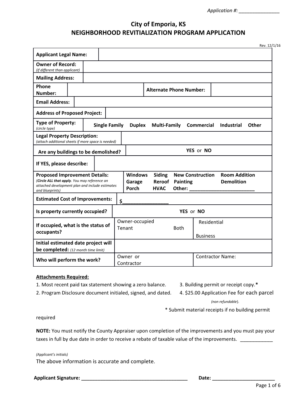 Neighborhood Revitialization Program Application