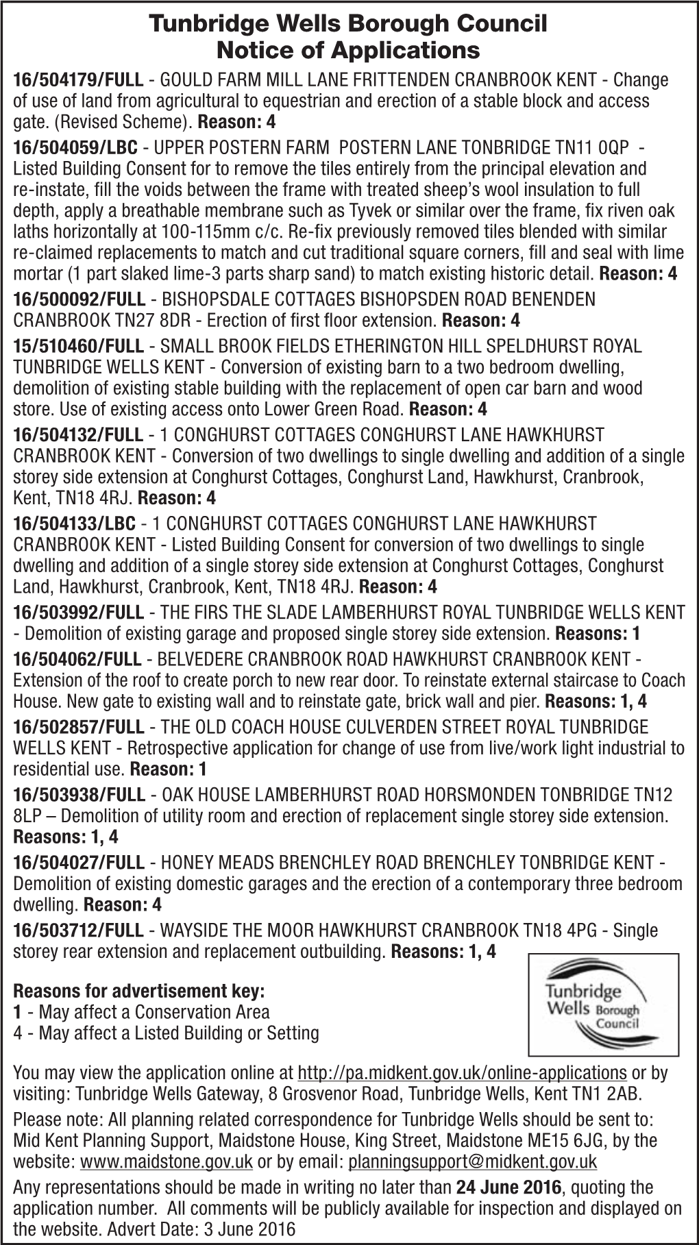 Tunbridge Wells Borough Council Notice of Applications