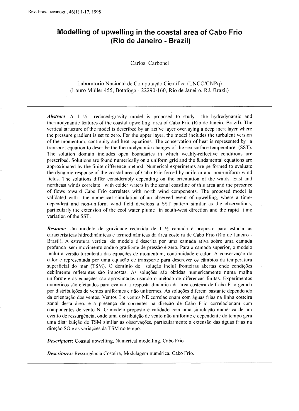 Modelling of Upwelling in the Coastal Area of Cabo Frio (Rio De Janeiro - Brazil)