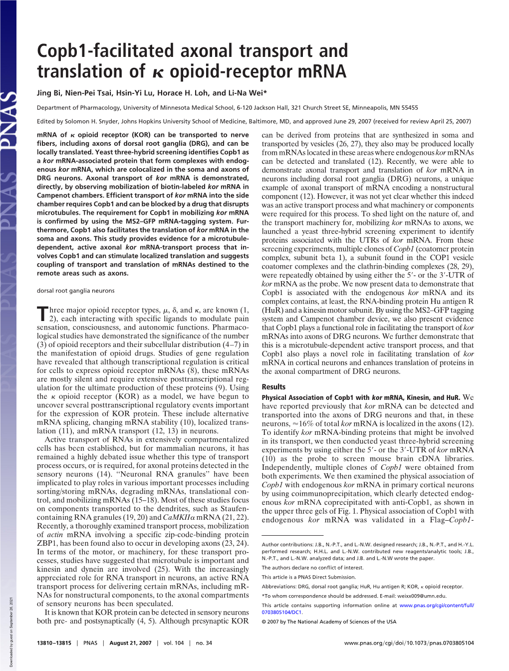 Copb1-Facilitated Axonal Transport and Translation of Opioid-Receptor Mrna