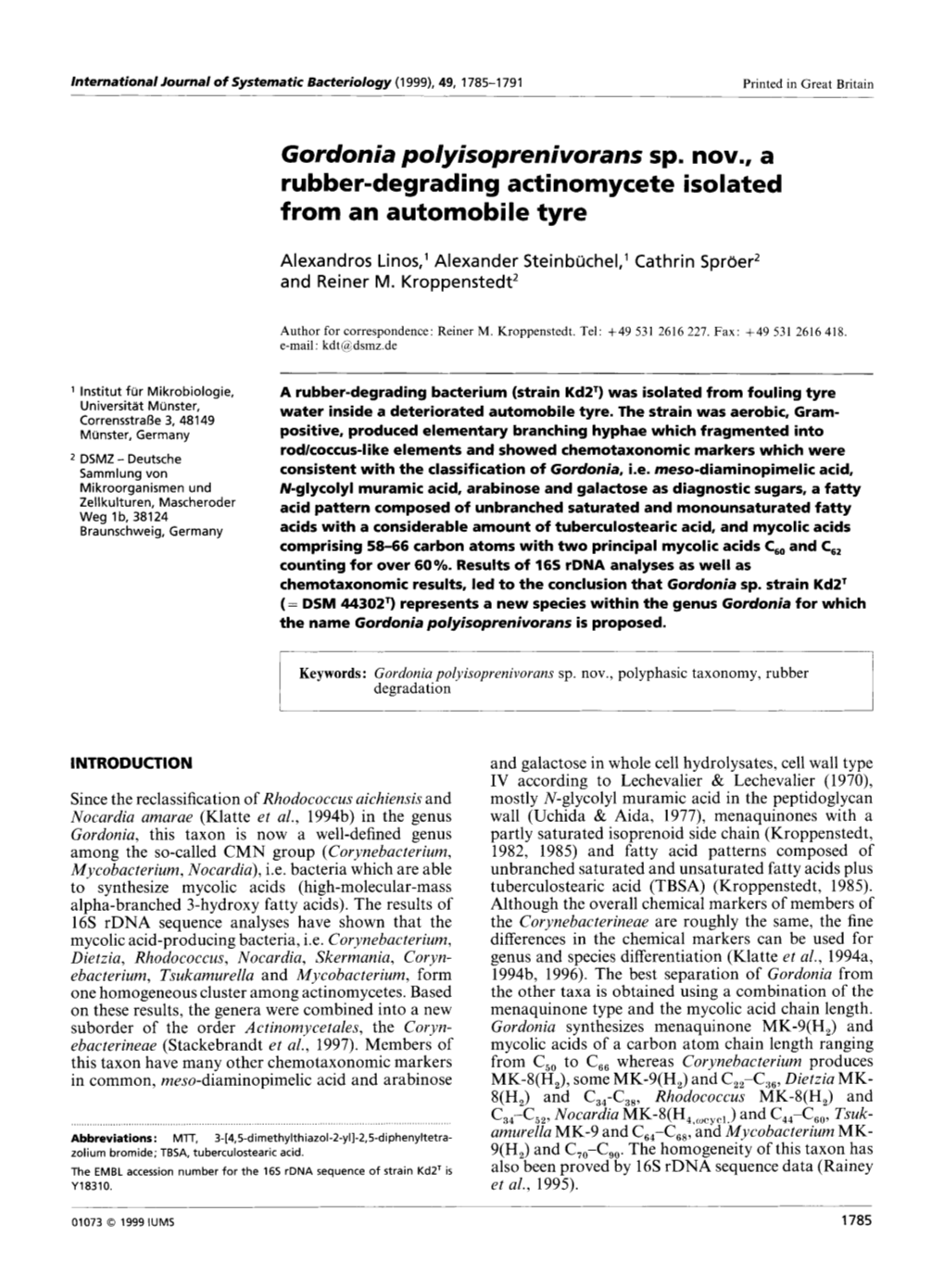 Gordonia Polyisoprenivorans Sp. Nov., a Rubber-Degrading Actinomycete Isolated from an Automobile Tyre