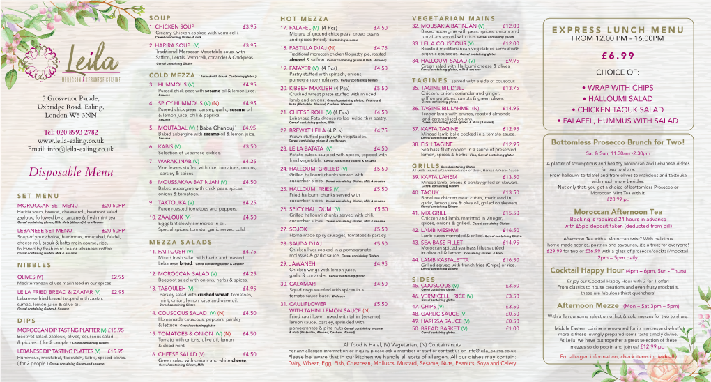 Leila Menu A3 Disposable