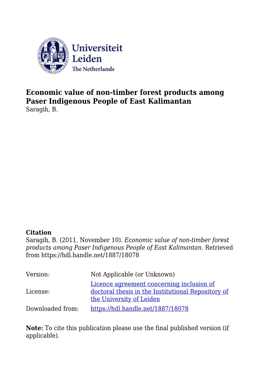 Economic Value of Non-Timber Forest Products Among Paser Indigenous People of East Kalimantan Saragih, B