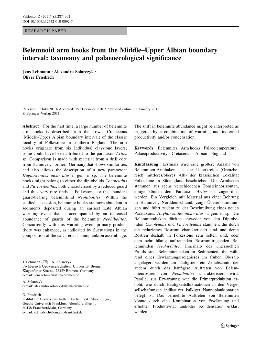 Belemnoid Arm Hooks from the Middle–Upper Albian Boundary Interval: Taxonomy and Palaeoecological Signiﬁcance