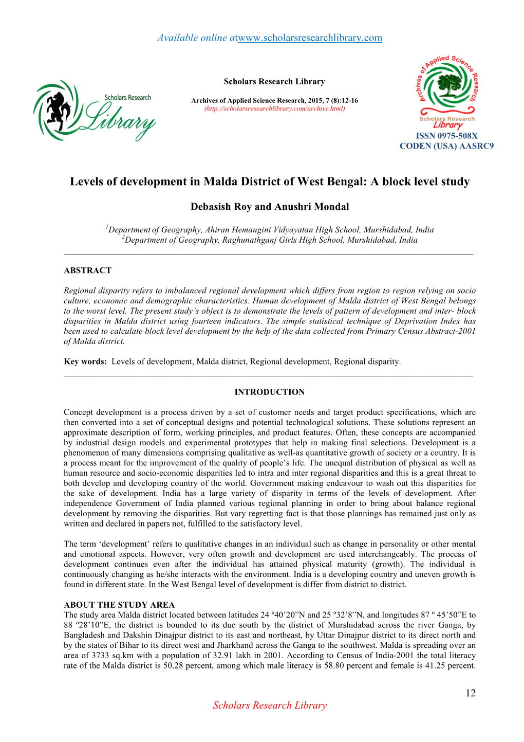 Levels of Development in Malda District of West Bengal: a Block Level Study