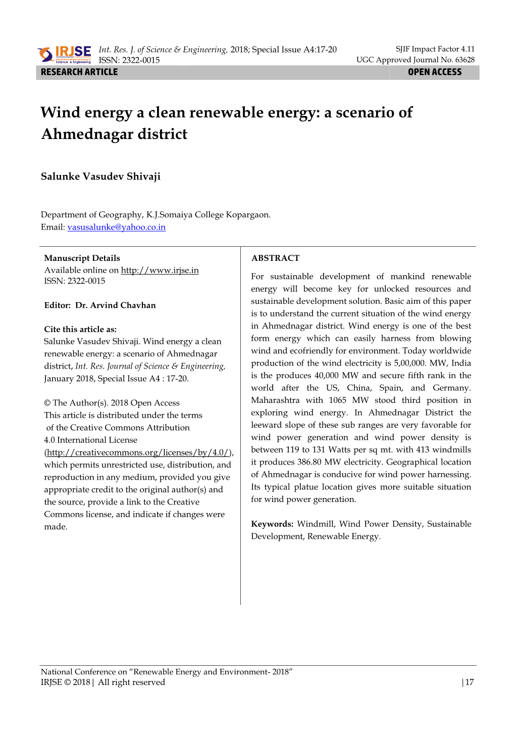 Wind Energy a Clean Renewable Energy: a Scenario of Ahmednagar District