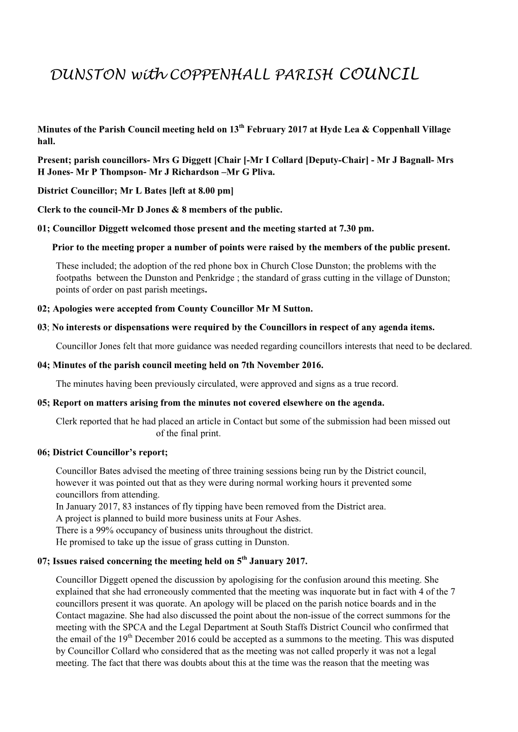 February 2017 Minutes of Parish Council