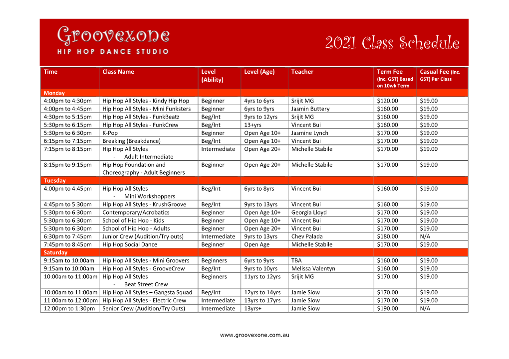 2021 Class Schedule