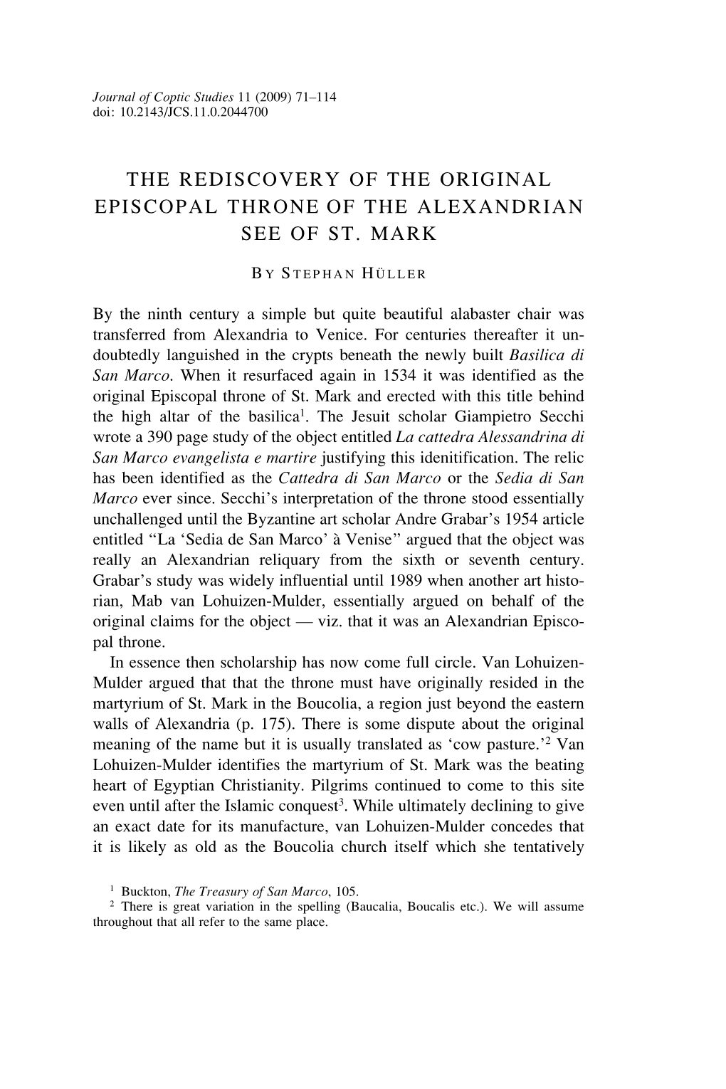 The Rediscovery of the Original Episcopal Throne of the Alexandrian See of St