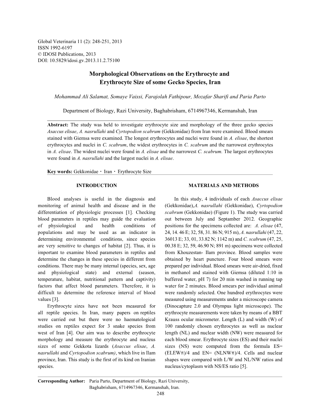 Morphological Observations on the Erythrocyte and Erythrocyte Size of Some Gecko Species, Iran