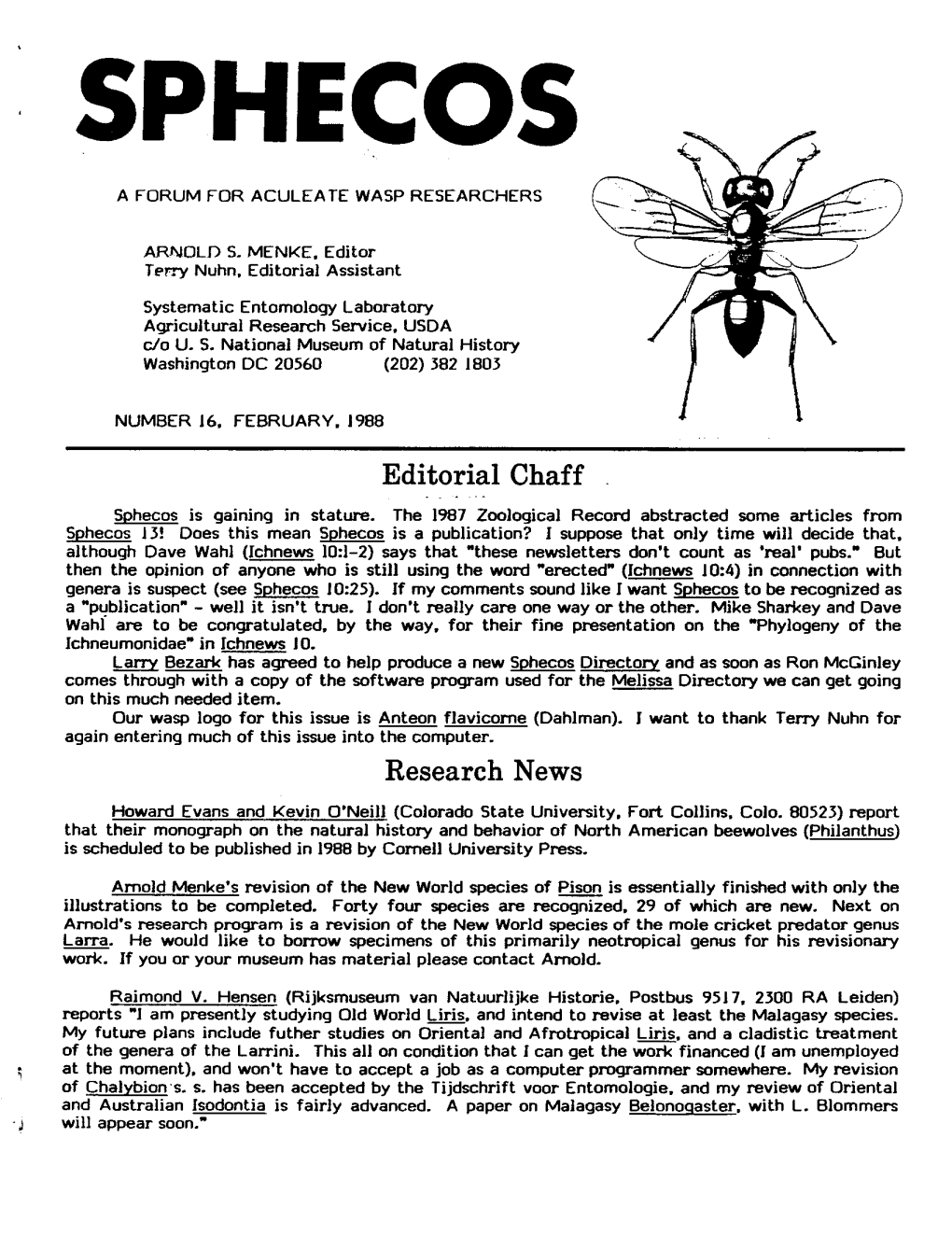 Sphecos: a Forum for Aculeate Wasp Researchers