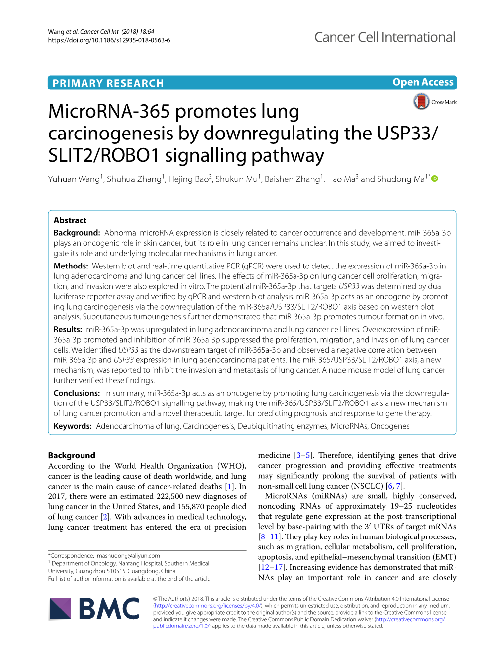 Microrna-365 Promotes Lung Carcinogenesis by Downregulating the USP33/SLIT2/ROBO1 Signalling Pathway