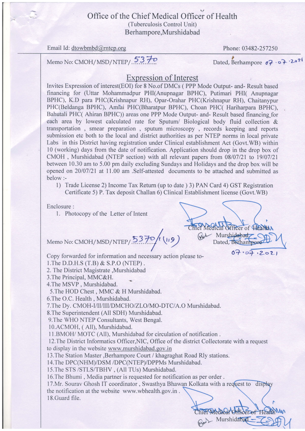 01'-Rvrurshid@ Letter of Intent the I Chief Medical Officer of Health, B Erhampore, Murshidabad
