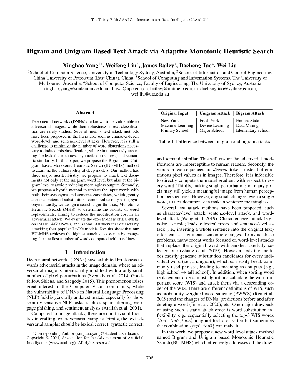 Bigram and Unigram Based Text Attack Via Adaptive Monotonic Heuristic Search