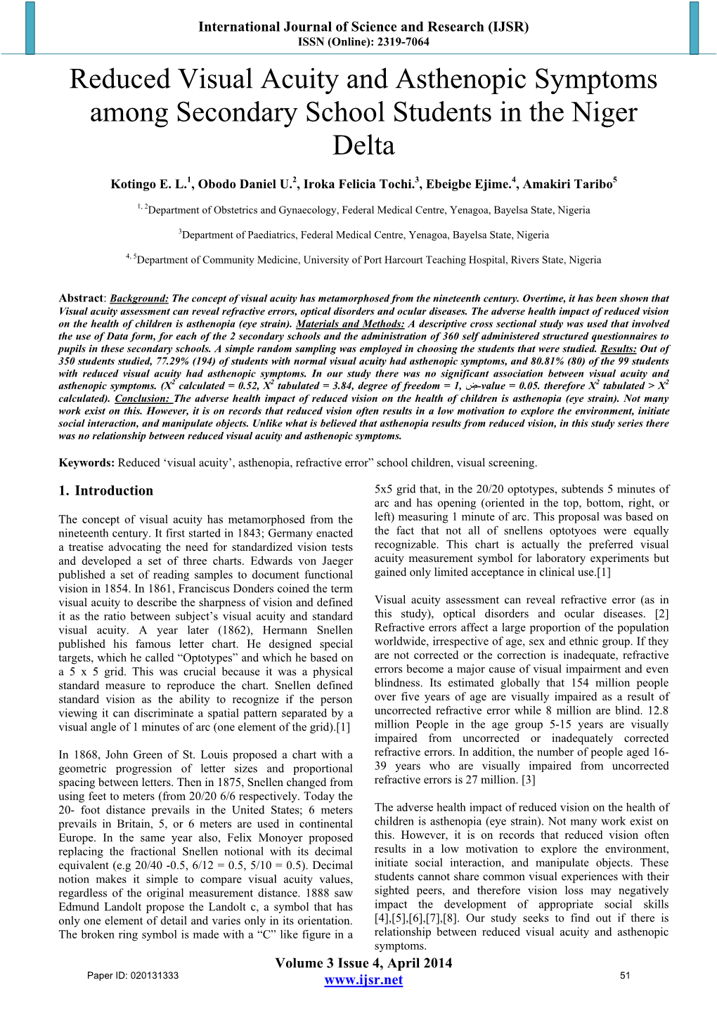 Reduced Visual Acuity and Asthenopic Symptoms Among Secondary School Students in the Niger Delta