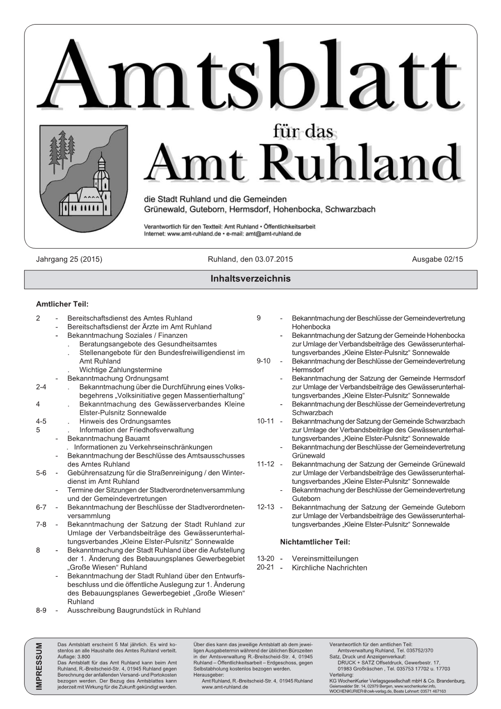 Amtsblatt Ruhland Nr. 2/15 Vom 03.07.2015
