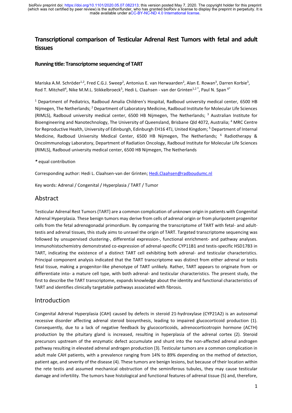 Transcriptional Comparison of Testicular Adrenal Rest Tumors with Fetal and Adult Tissues