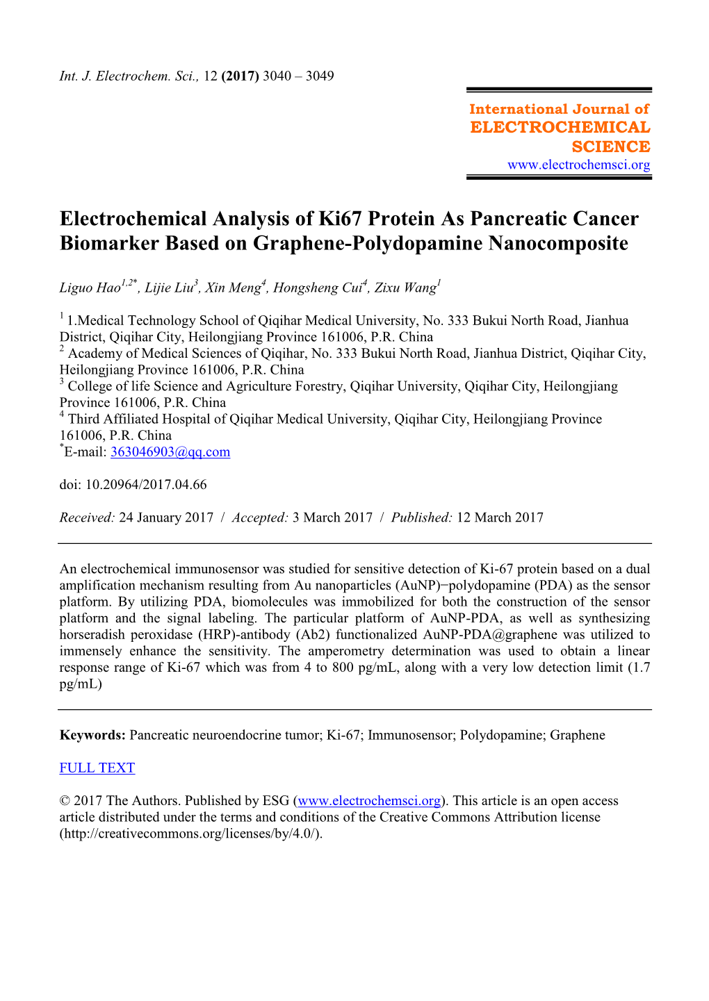 Electrochemical Analysis of Ki67 Protein As Pancreatic Cancer Biomarker Based on Graphene-Polydopamine Nanocomposite