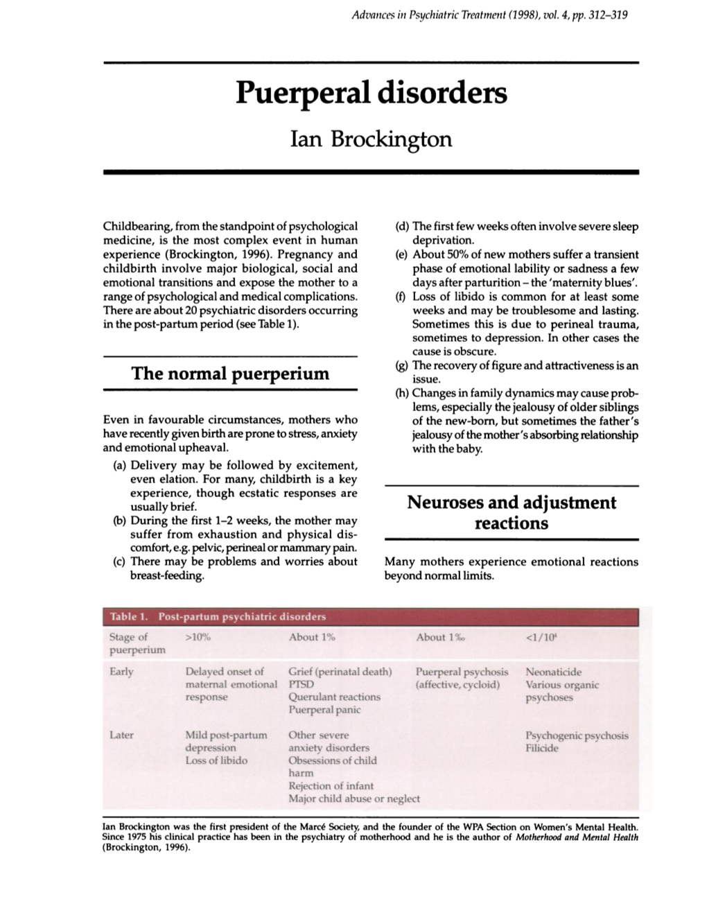 Puerperal Disorders Ian Brockington