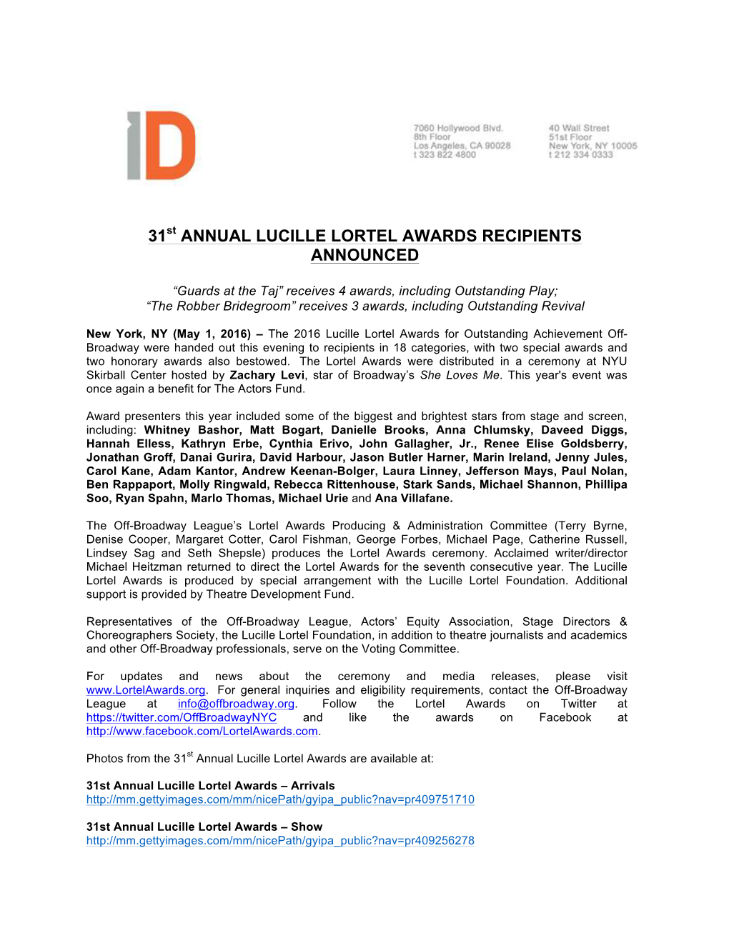 31St ANNUAL LUCILLE LORTEL AWARDS RECIPIENTS ANNOUNCED