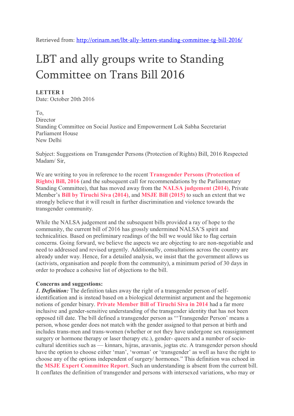 LBT and Ally Groups Write to Standing Committee on Trans Bill 2016
