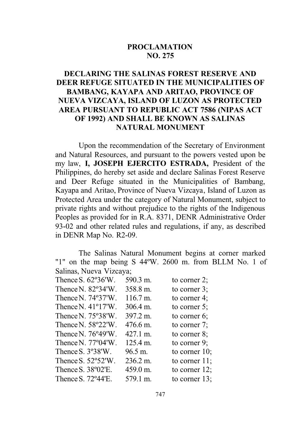 Proclamation No. 275 Declaring the Salinas