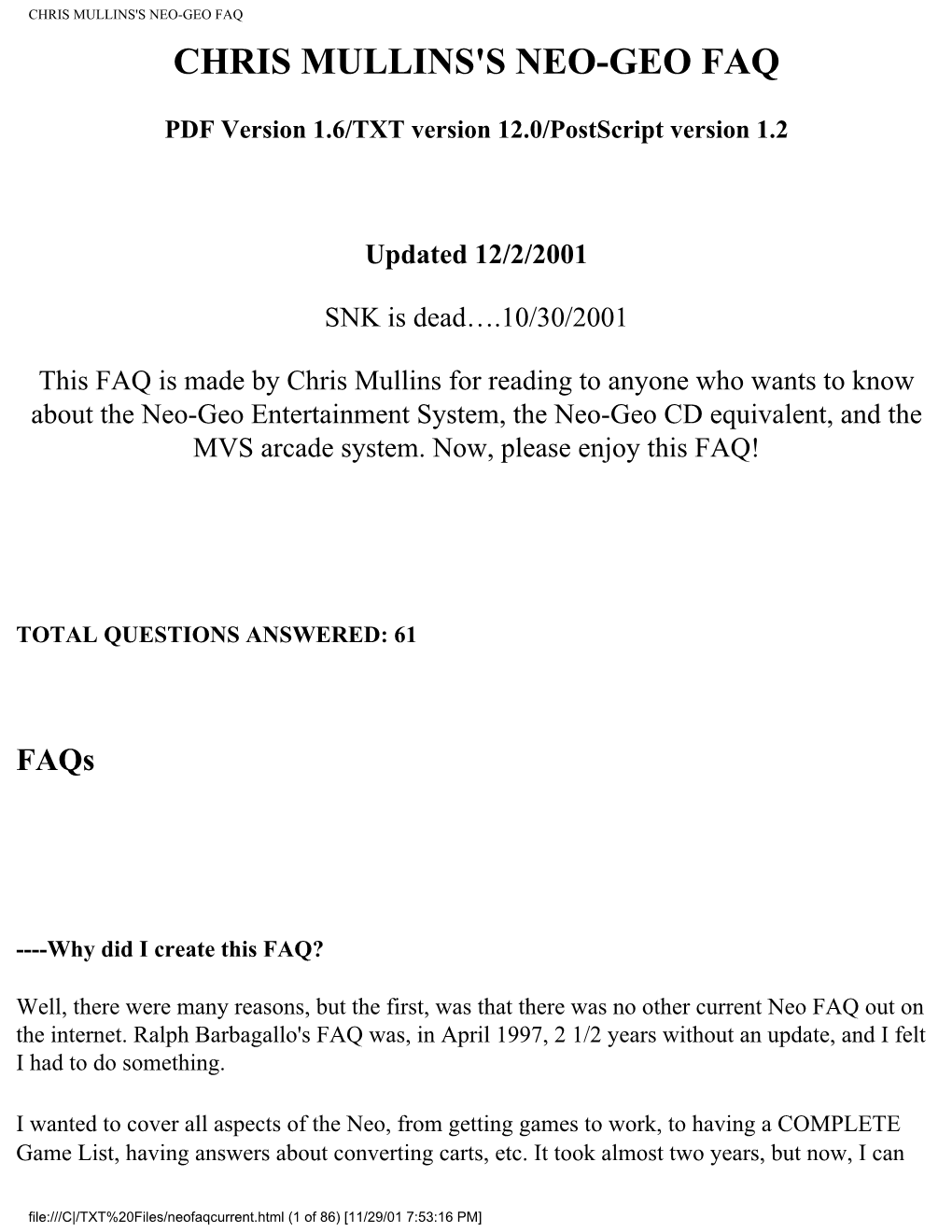 Chris Mullins's Neo-Geo Faq Chris Mullins's Neo-Geo Faq