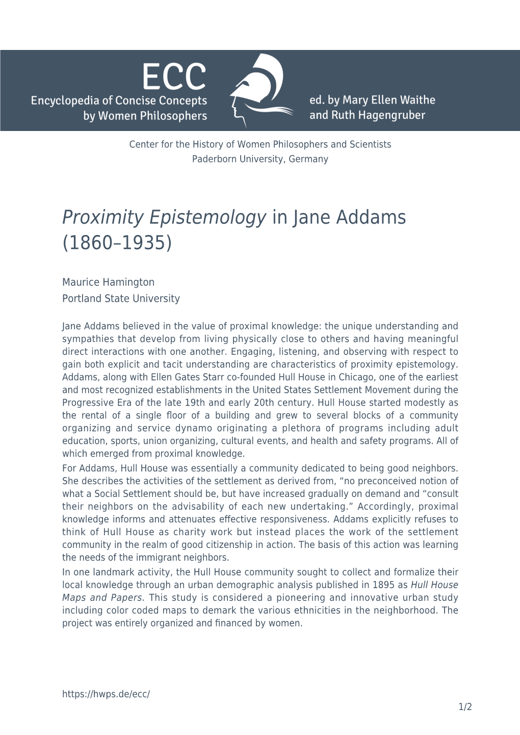 Proximity Epistemology in Jane Addams (1860–1935)