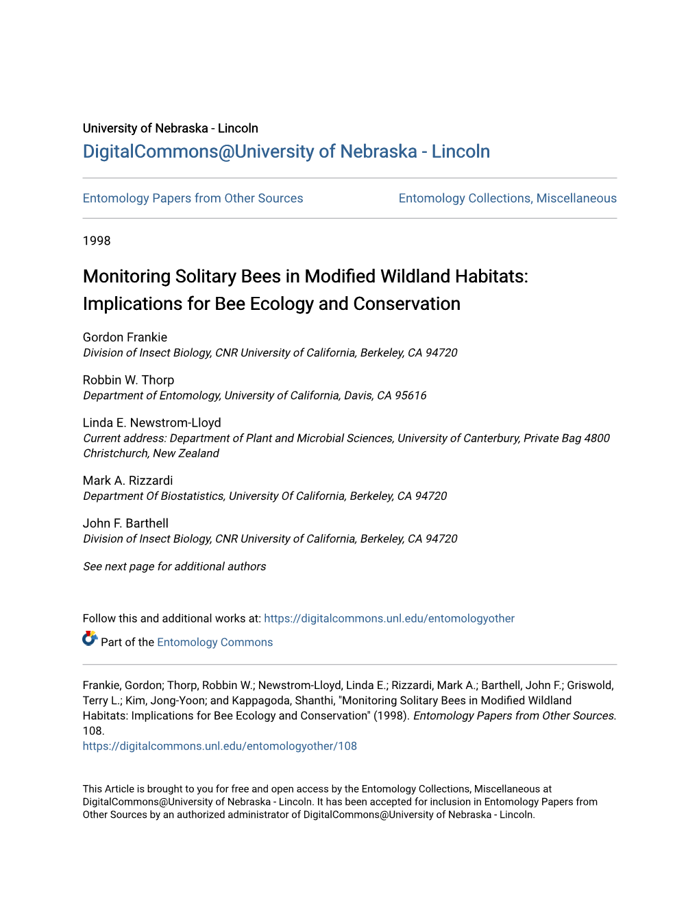 Monitoring Solitary Bees in Modified Wildland Habitats: Implications for Bee Ecology and Conservation