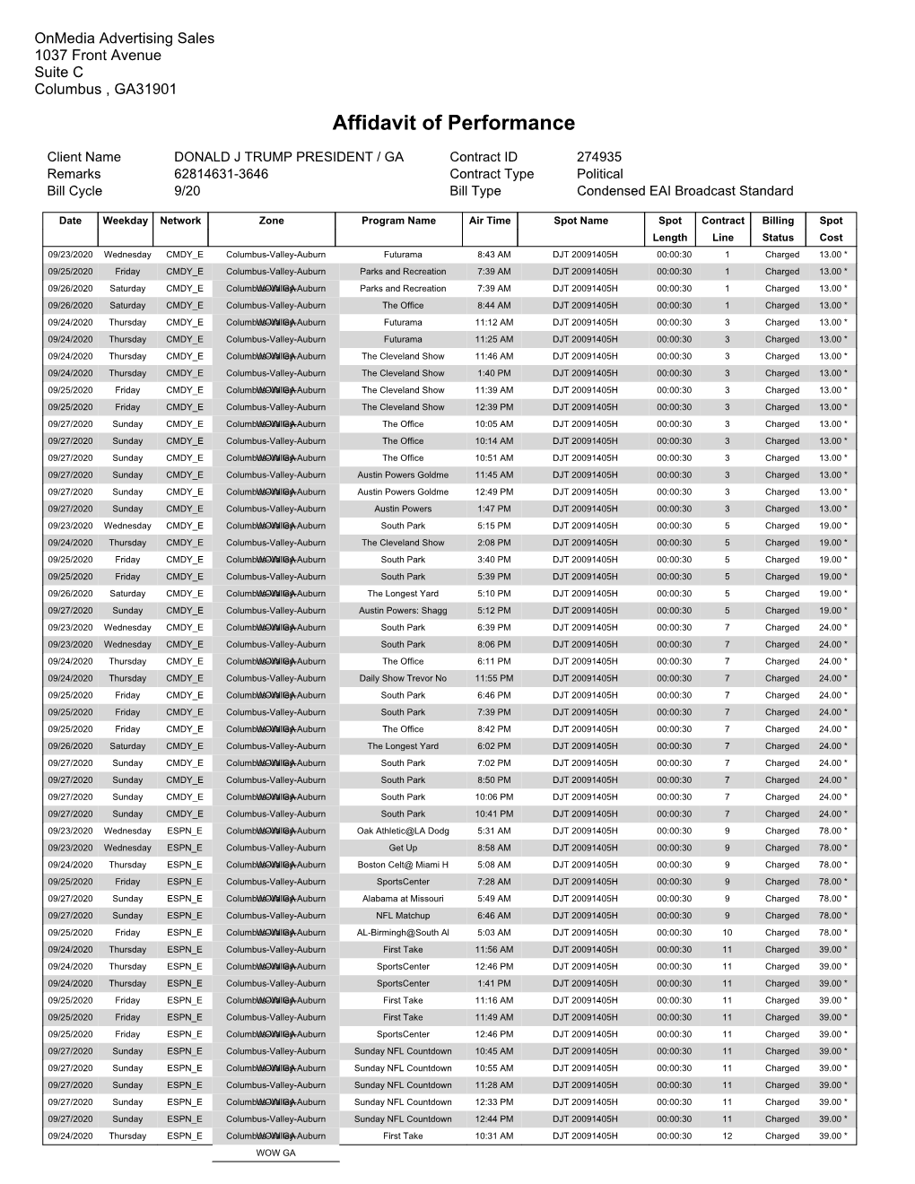 Affidavit of Performance