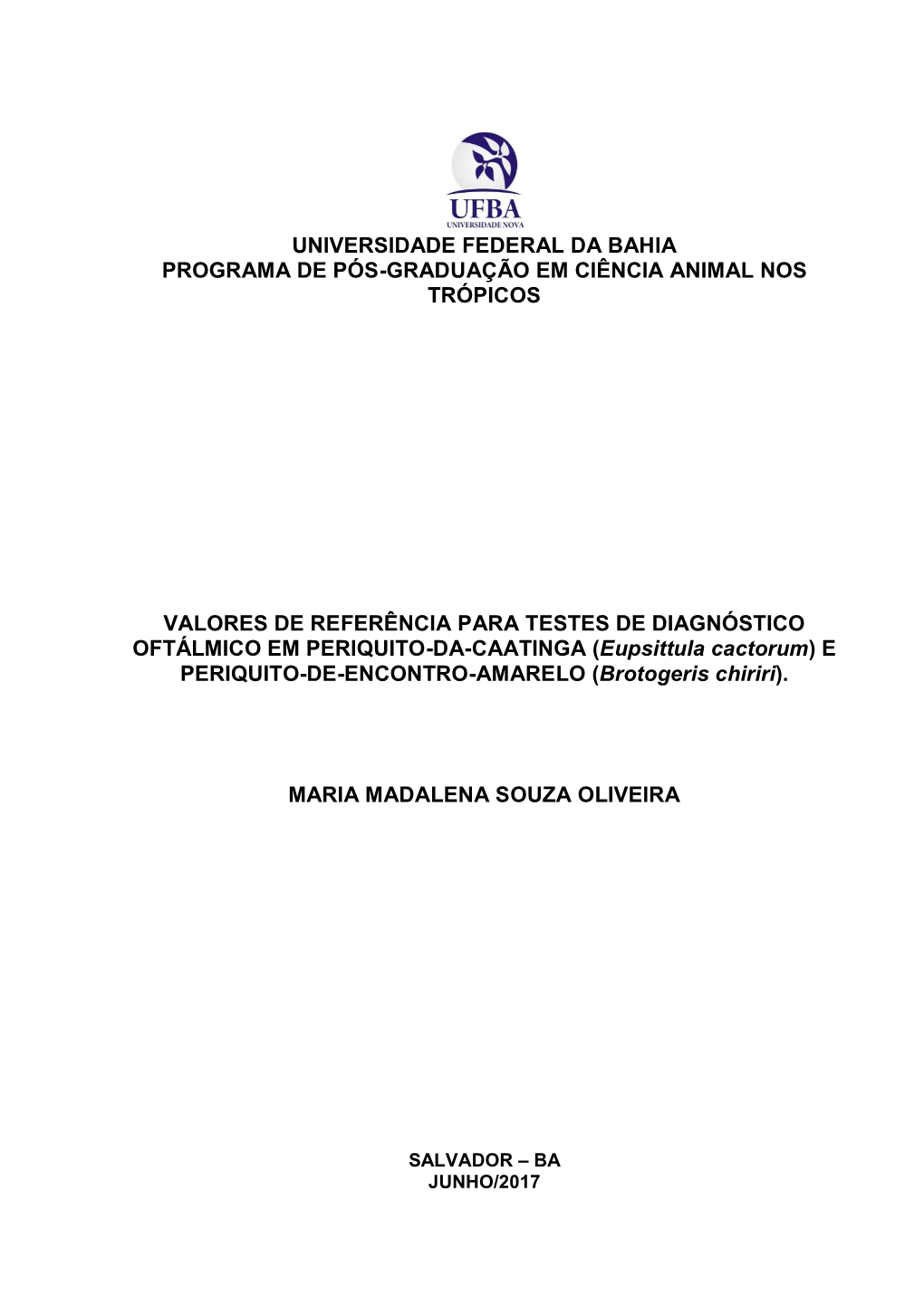 Universidade Federal Da Bahia Programa De Pós-Graduação Em Ciência Animal Nos Trópicos