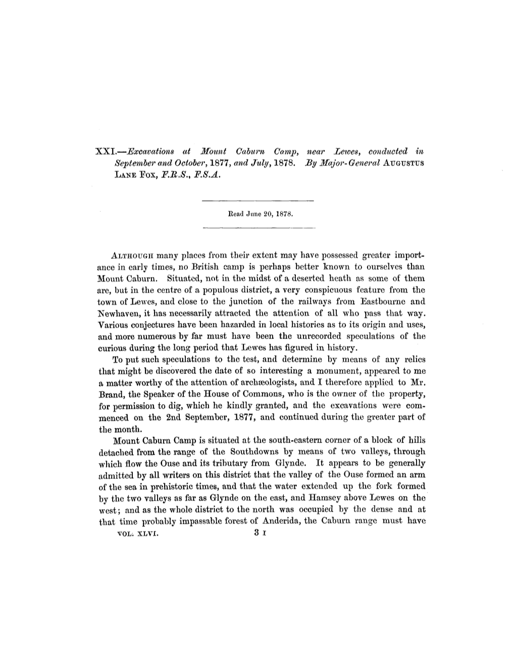 Excavations at Mount Caburn Camp, Near Lewes, Conducted in September and October, 1877, and July, 1878