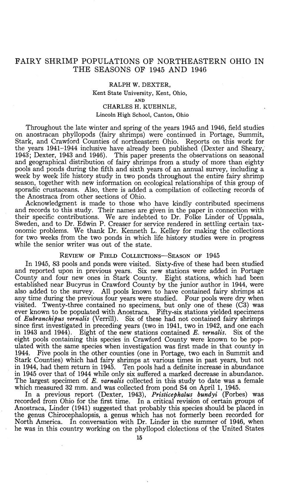 Fairy Shrimp Populations of Northeastern Ohio in the Seasons of 1945 and 1946