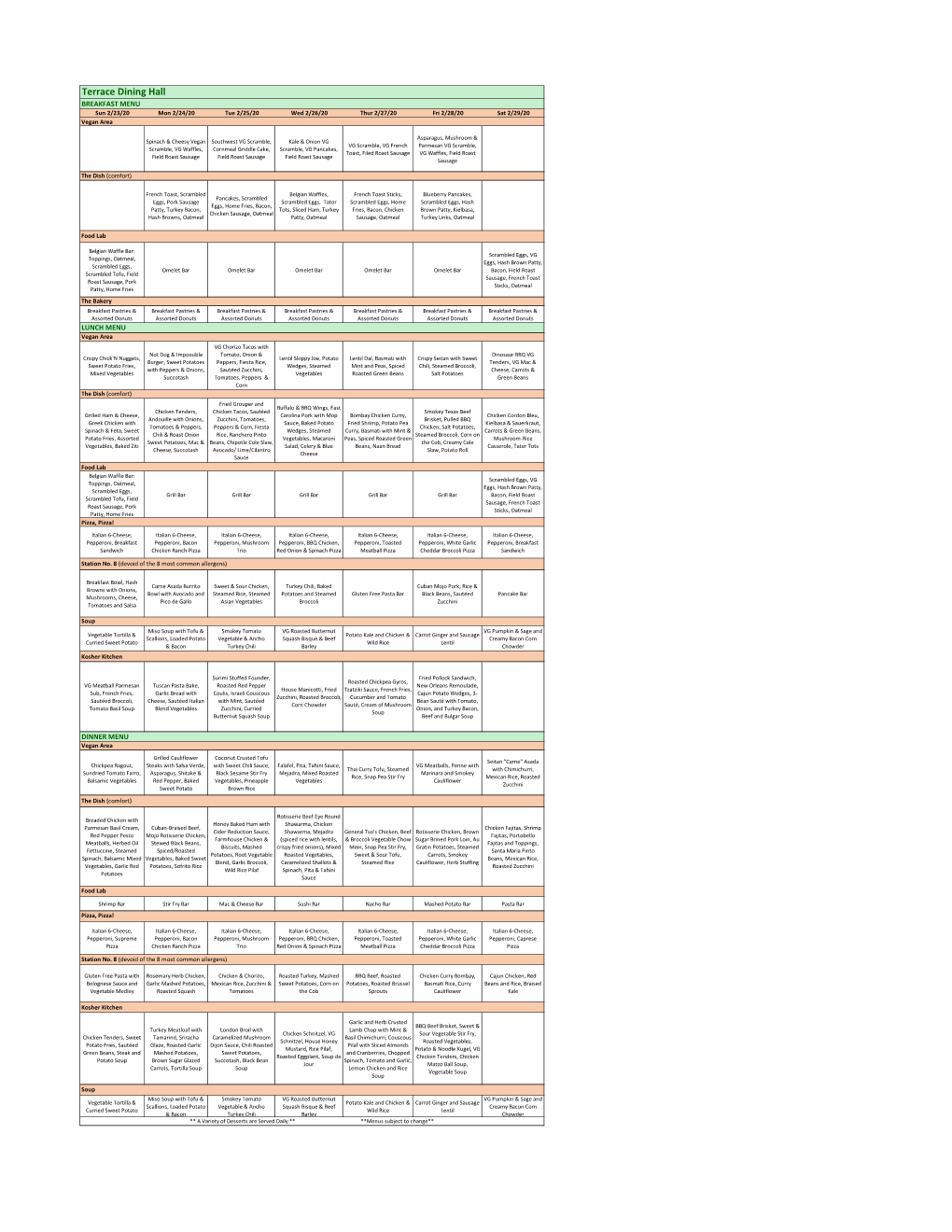 Terrace Dining Hall BREAKFAST MENU Sun 2/23/20 Mon 2/24/20 Tue 2/25/20 Wed 2/26/20 Thur 2/27/20 Fri 2/28/20 Sat 2/29/20 Vegan Area