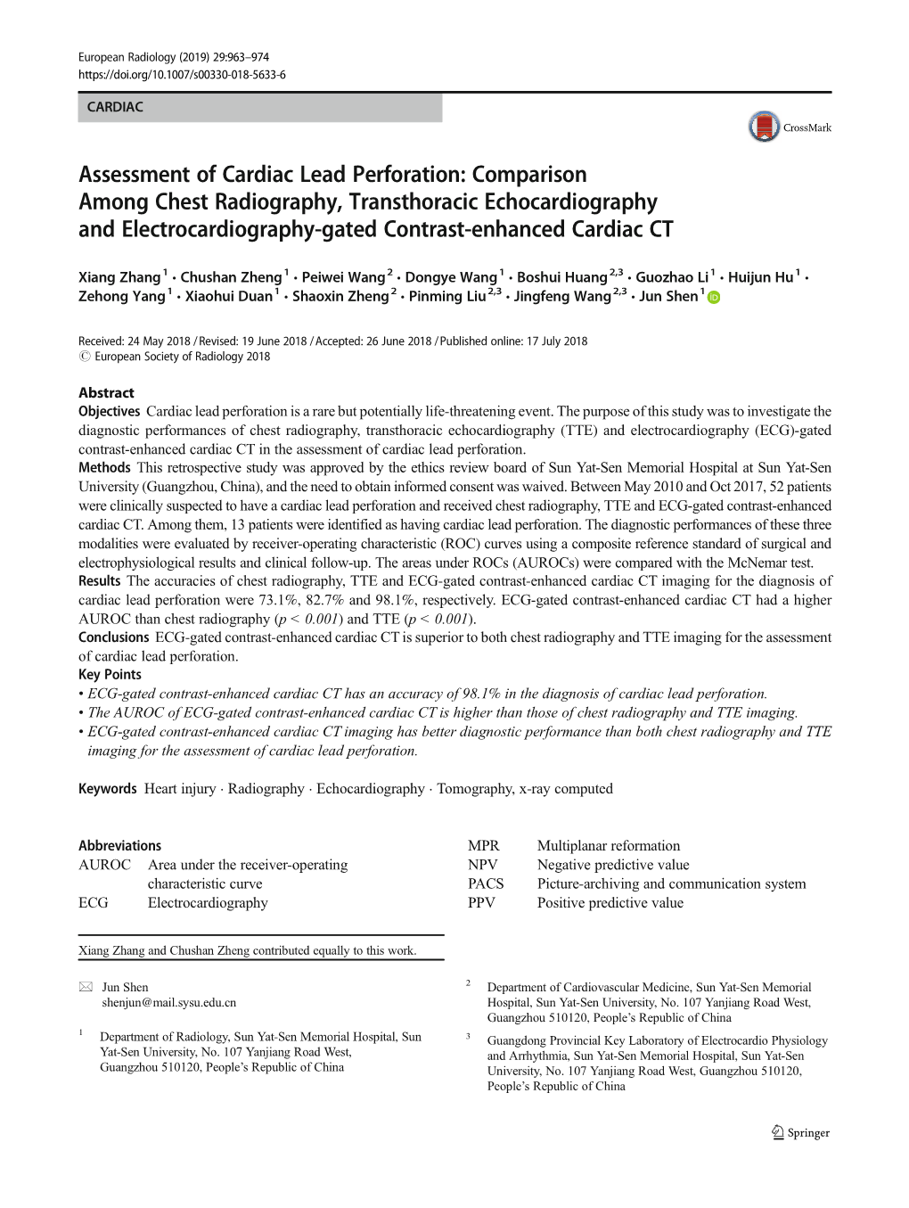 Assessment of Cardiac Lead Perforation: Comparison Among Chest Radiography, Transthoracic Echocardiography and Electrocardiography-Gated Contrast-Enhanced Cardiac CT