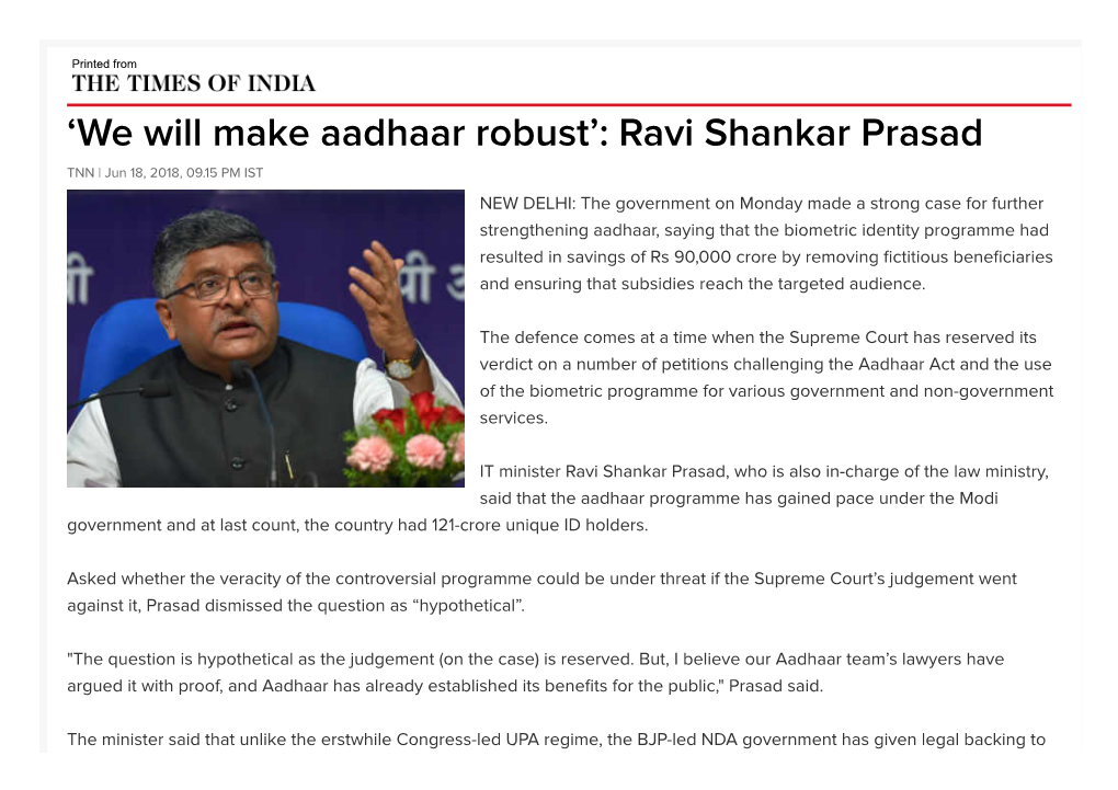 'We Will Make Aadhaar Robust': Ravi Shankar Prasad