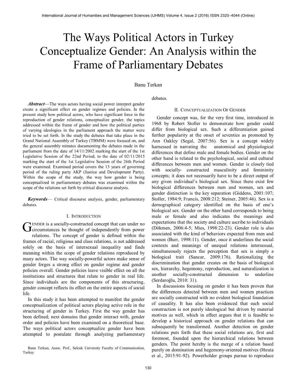The Ways Political Actors in Turkey Conceptualize Gender: an Analysis Within the Frame of Parliamentary Debates