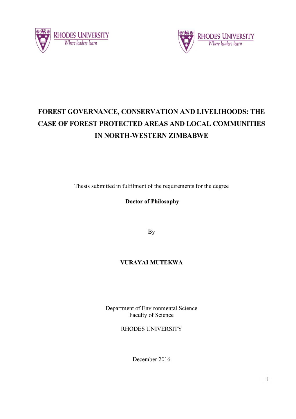 Forest Governance, Conservation and Livelihoods: the Case of Forest Protected Areas and Local Communities in North-Western Zimbabwe