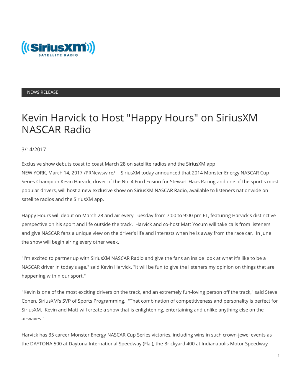Kevin Harvick to Host "Happy Hours" on Siriusxm NASCAR Radio
