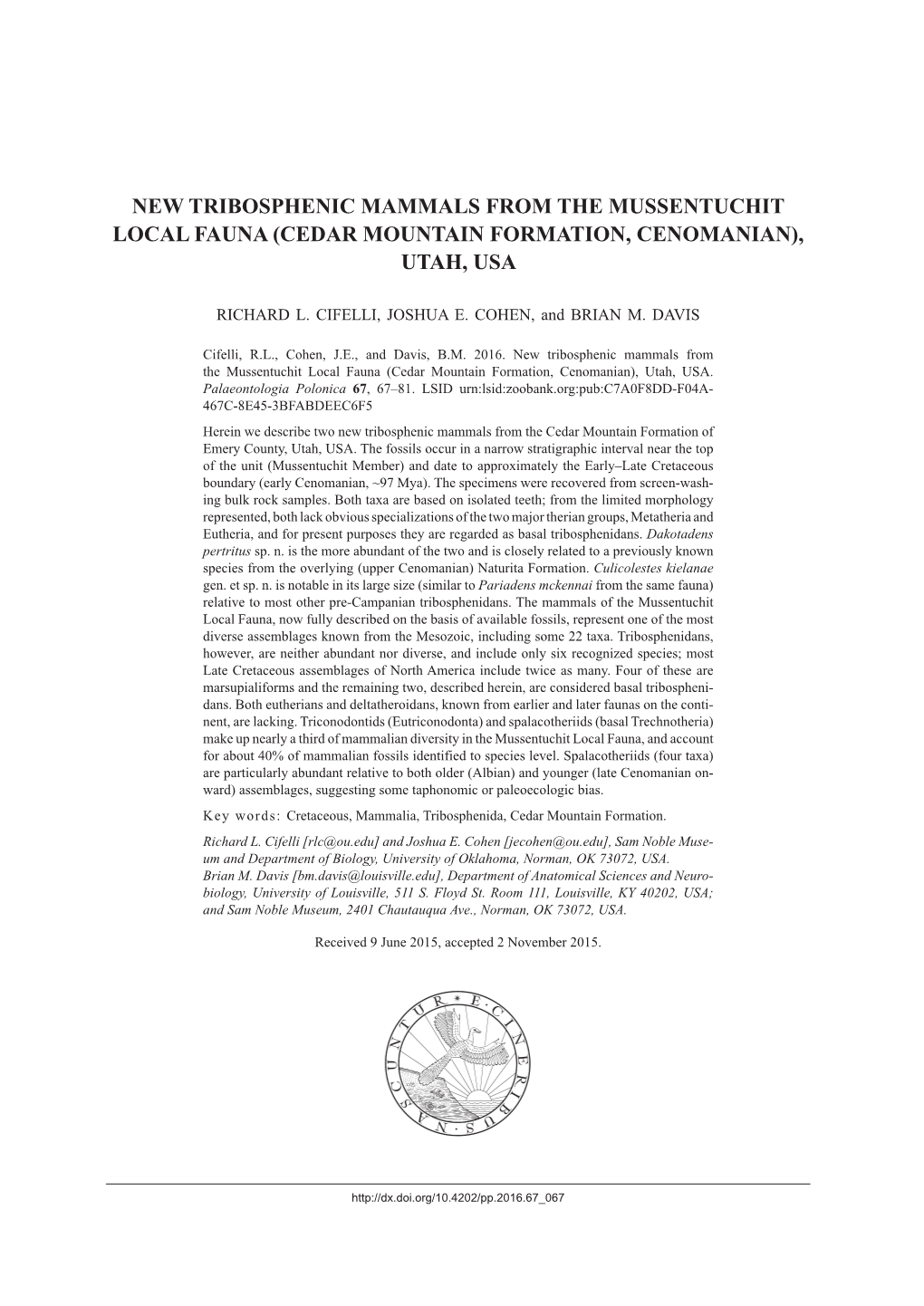 New Tribosphenic Mammals from the Mussentuchit Local Fauna (Cedar Mountain Formation, Cenomanian), Utah, Usa