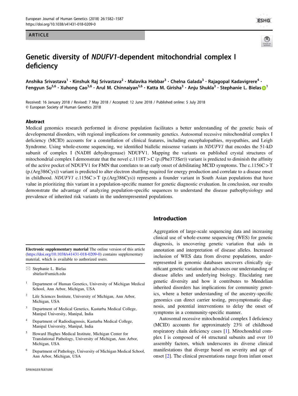 Genetic Diversity of NDUFV1-Dependent Mitochondrial Complex I Deﬁciency