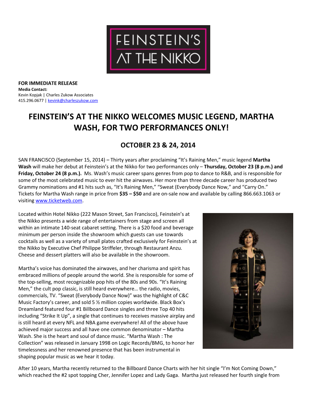 Feinstein's at the Nikko Welcomes Music Legend