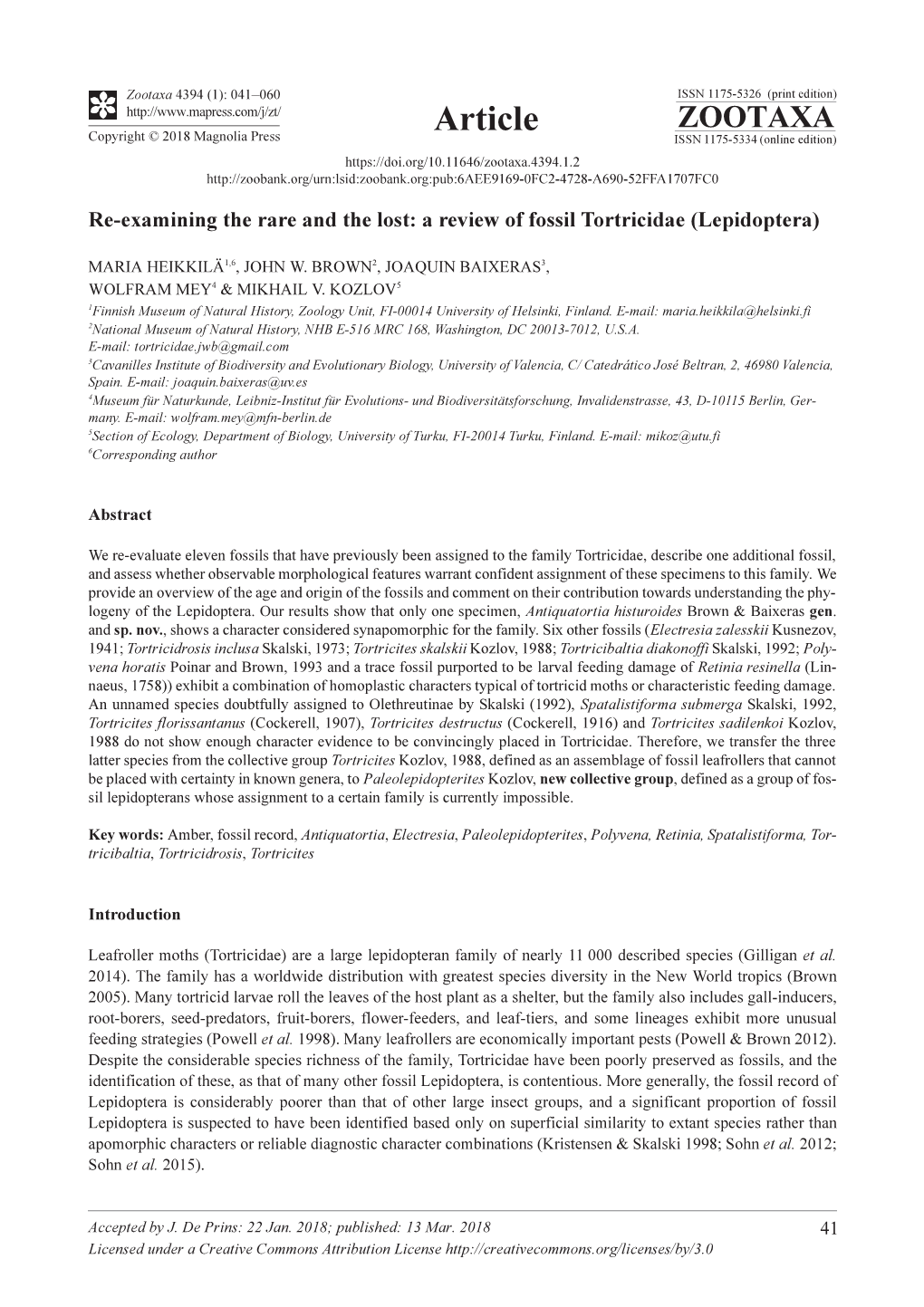 Re-Examining the Rare and the Lost: a Review of Fossil Tortricidae (Lepidoptera)