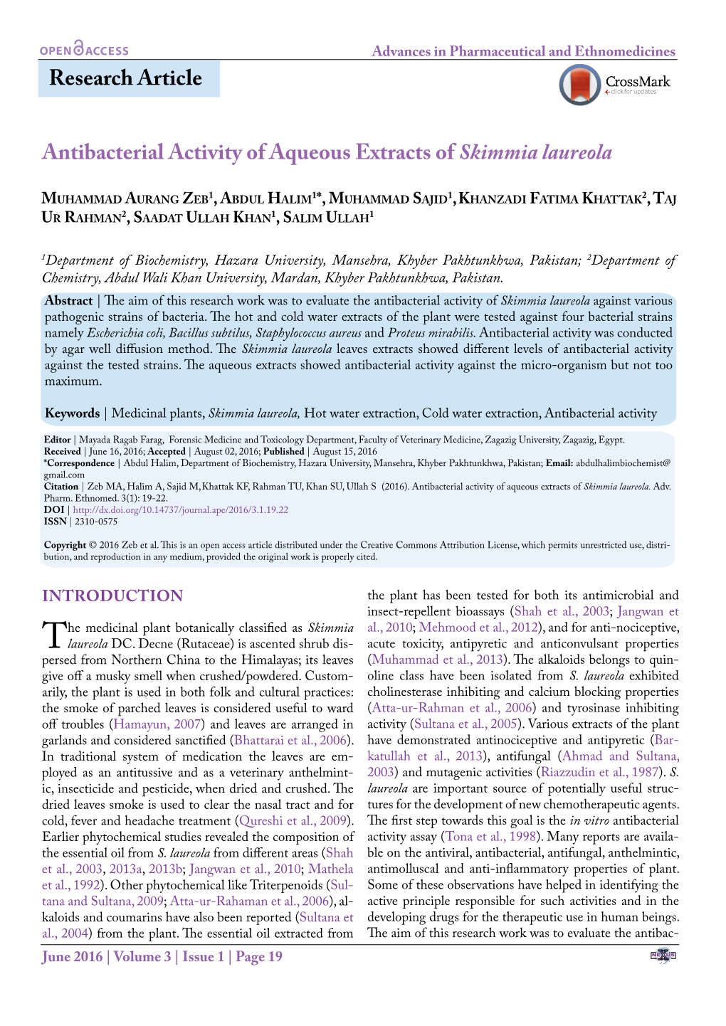 Research Article Antibacterial Activity of Aqueous Extracts of Skimmia