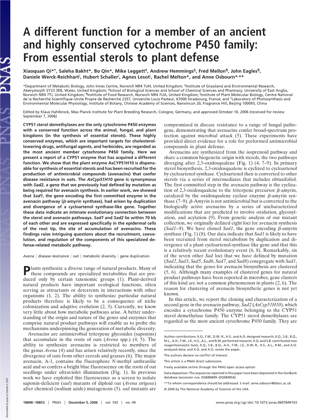 A Different Function for a Member of an Ancient and Highly Conserved Cytochrome P450 Family: from Essential Sterols to Plant Defense