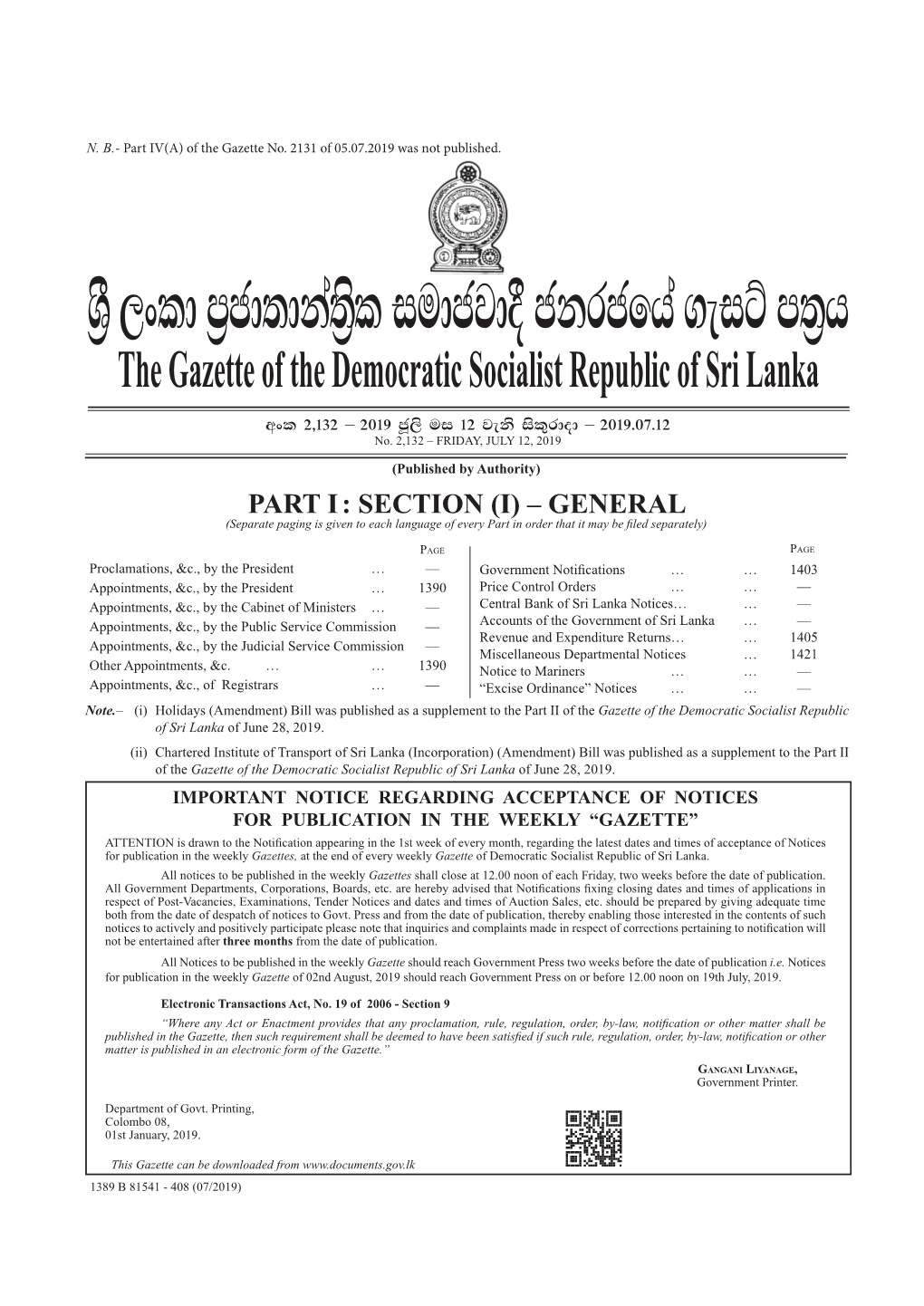 The Gazette of the Democratic Socialist Republic of Sri Lanka Wxl 2"132 – 2019 Cq,S Ui 12 Jeks Isl=Rdod – 2019'07'12 No