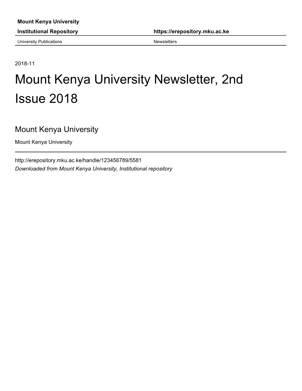 Mount Kenya University Newsletter, 2Nd Issue 2018