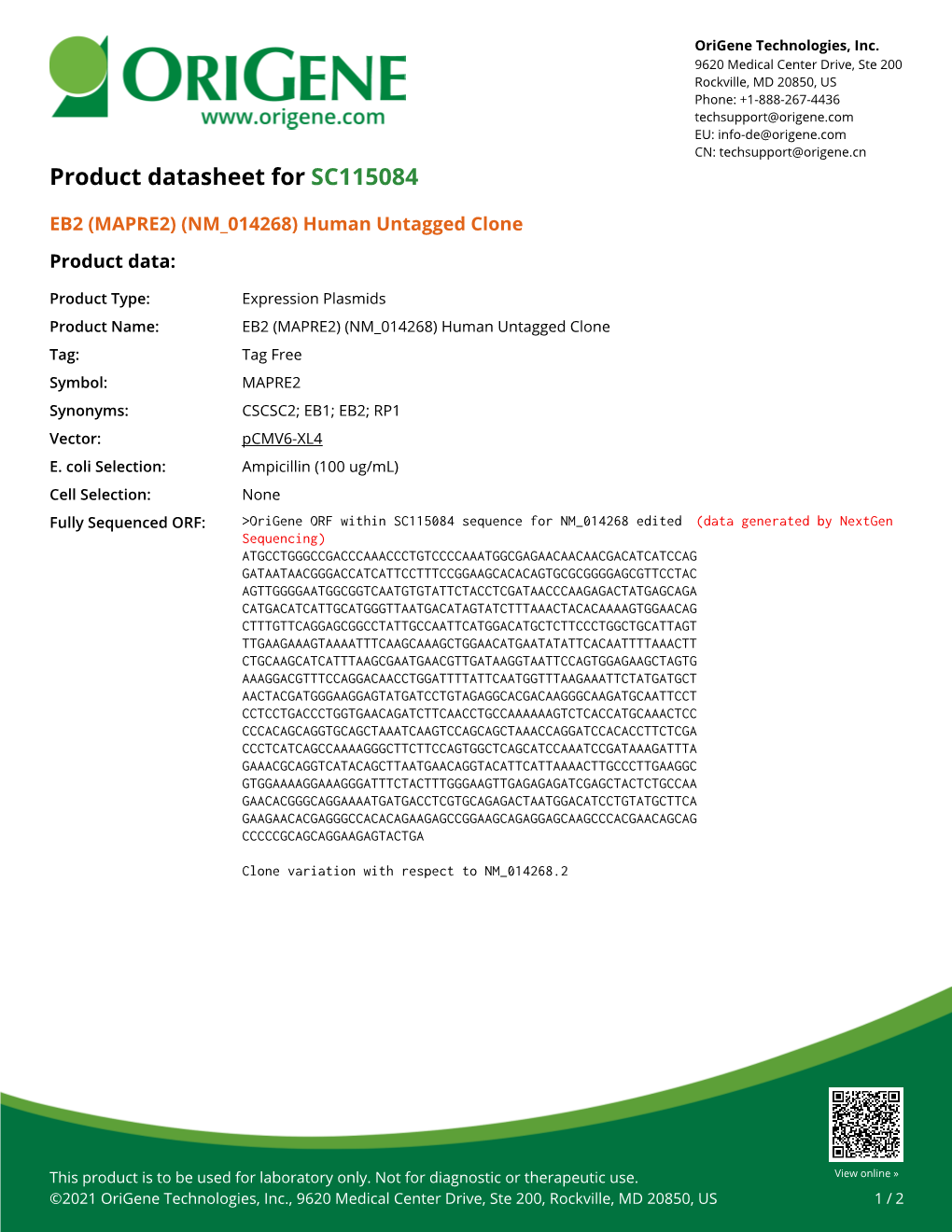 EB2 (MAPRE2) (NM 014268) Human Untagged Clone – SC115084