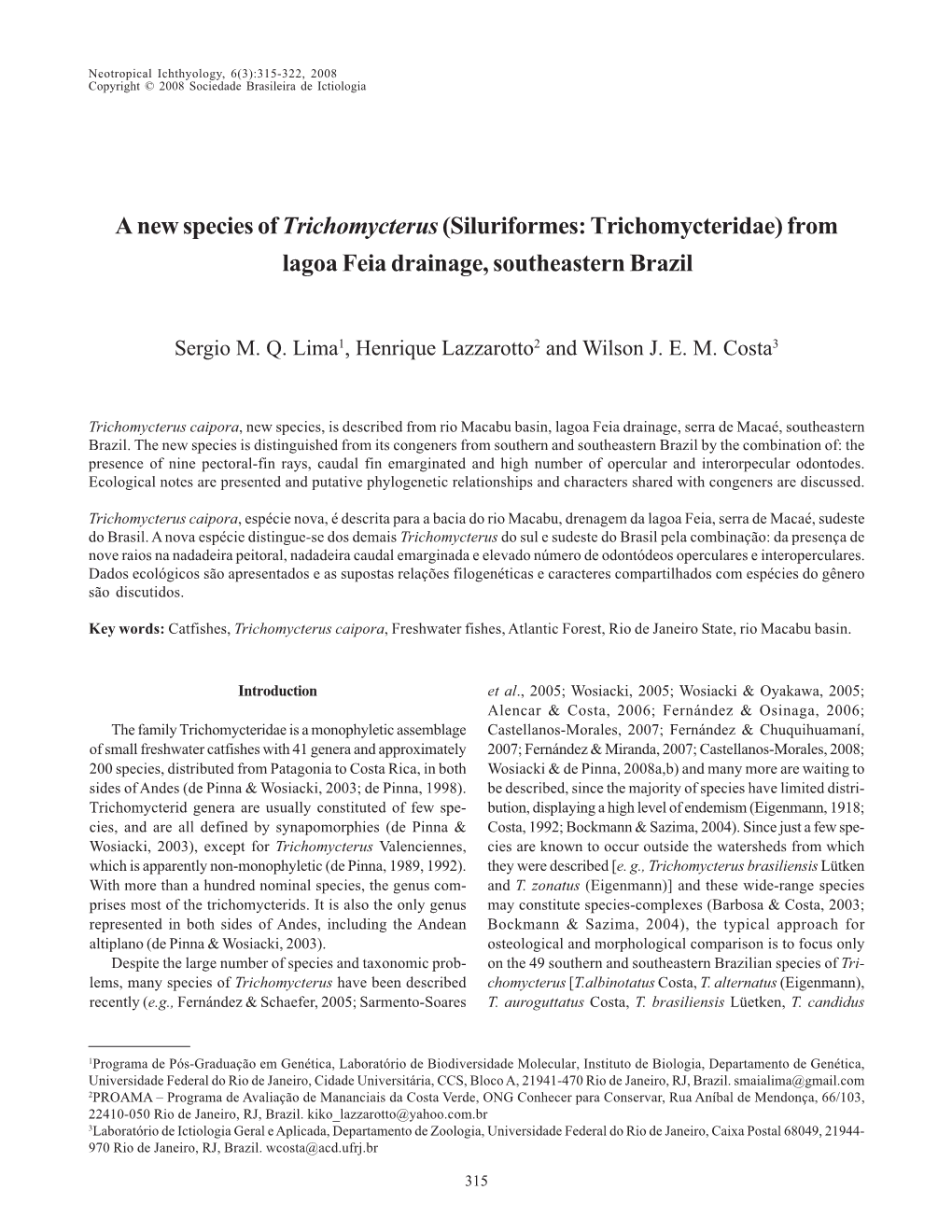 A New Species of Trichomycterus(Siluriformes