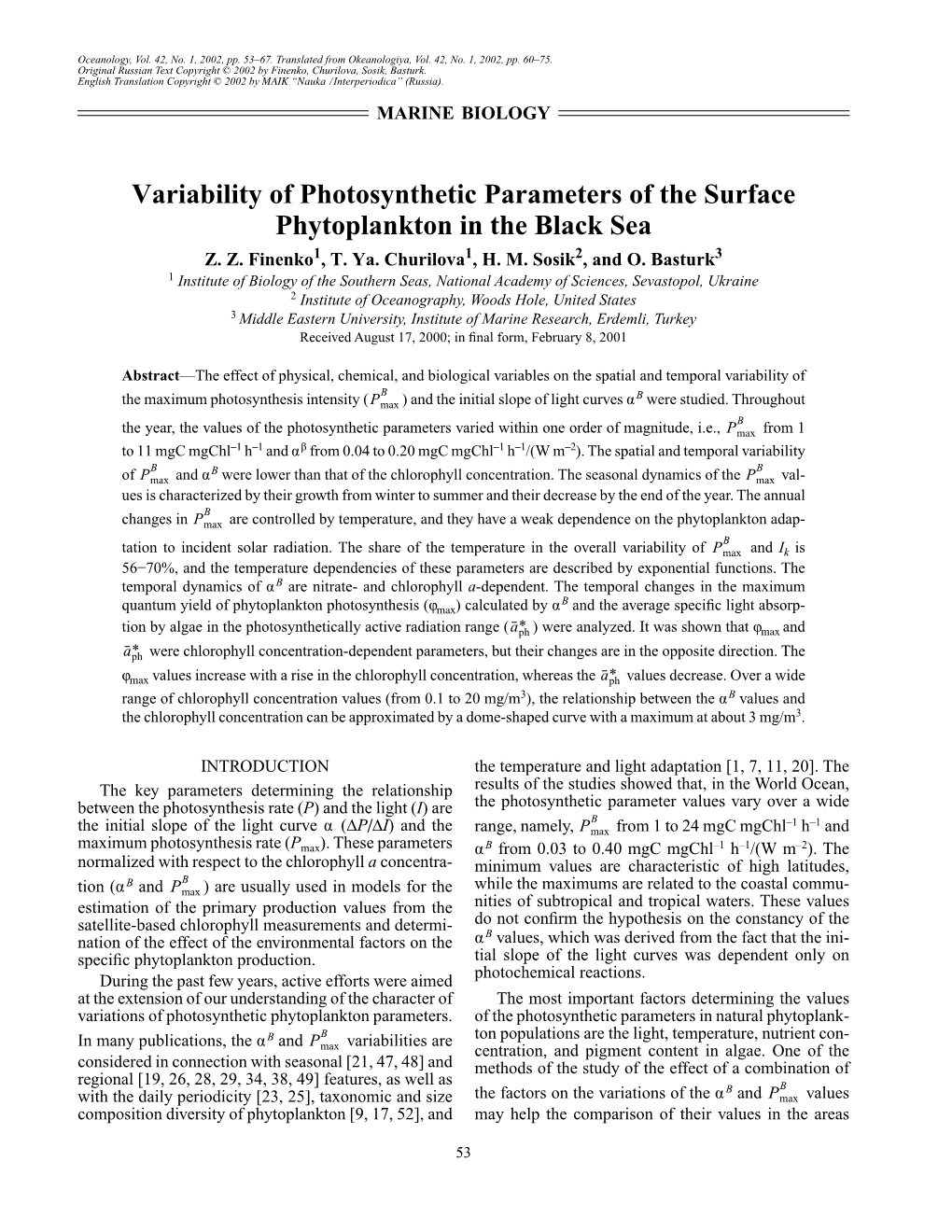 Variability of Photosynthetic Parameters of the Surface Phytoplankton in the Black Sea Z